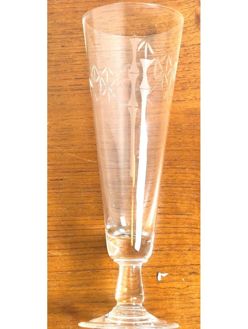 Pair of Vintage Bamboo Etched Glass Champagne Flutes